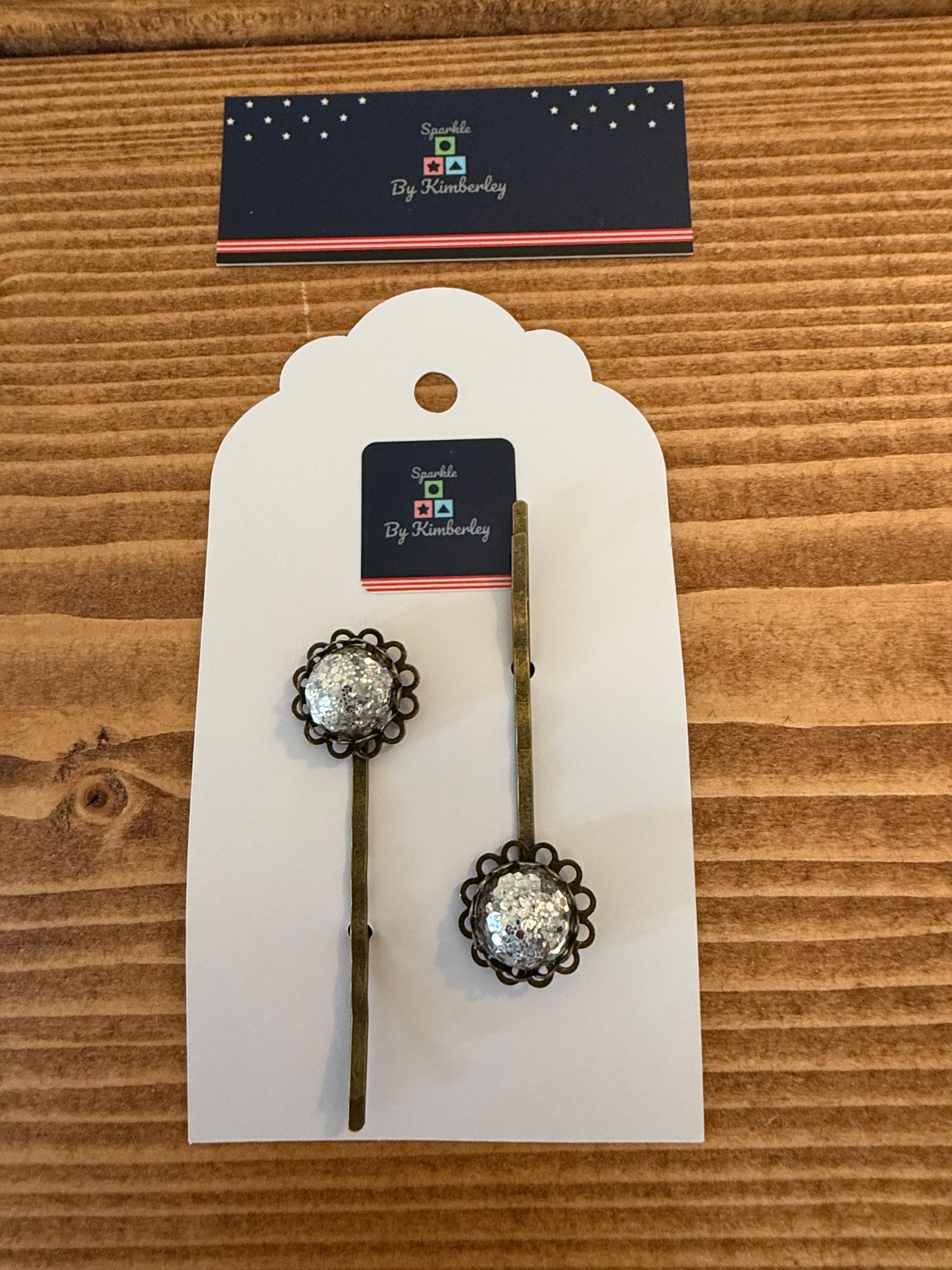 Silver glitter Hair Grips, Handmade Resin Bobby Pins, Antique Bronze Vintage Hair Accessories, Hair Clips, Gift for