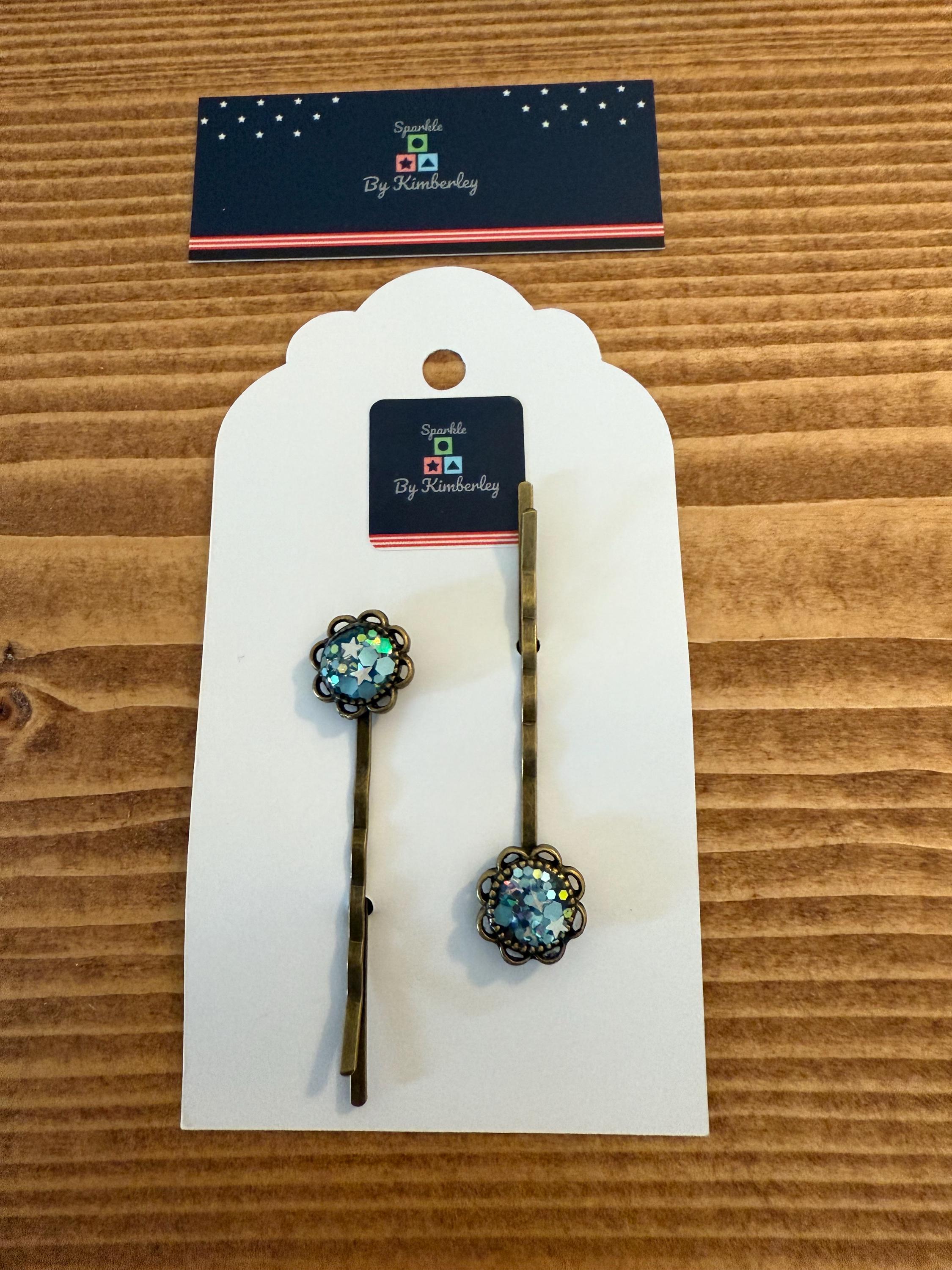 Silver star and blue glitter Hair Grips, Handmade Resin Bobby Pins, Antique Bronze Vintage Hair Accessories, Hair Clips, Gift for