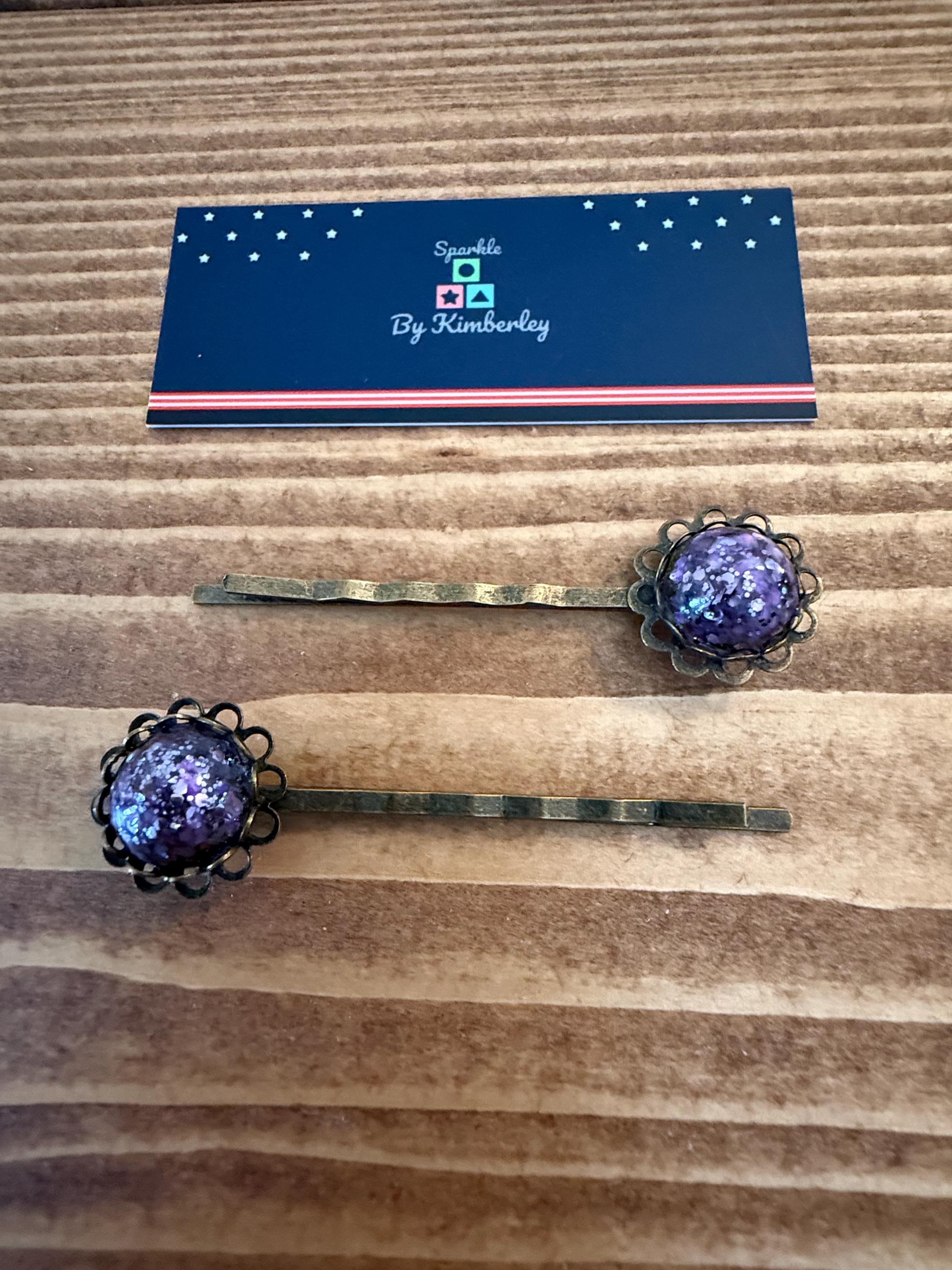Purple glitter Hair Grips, Handmade Resin Bobby Pins, Antique Bronze Vintage Hair Accessories, Hair Clips, Gift for