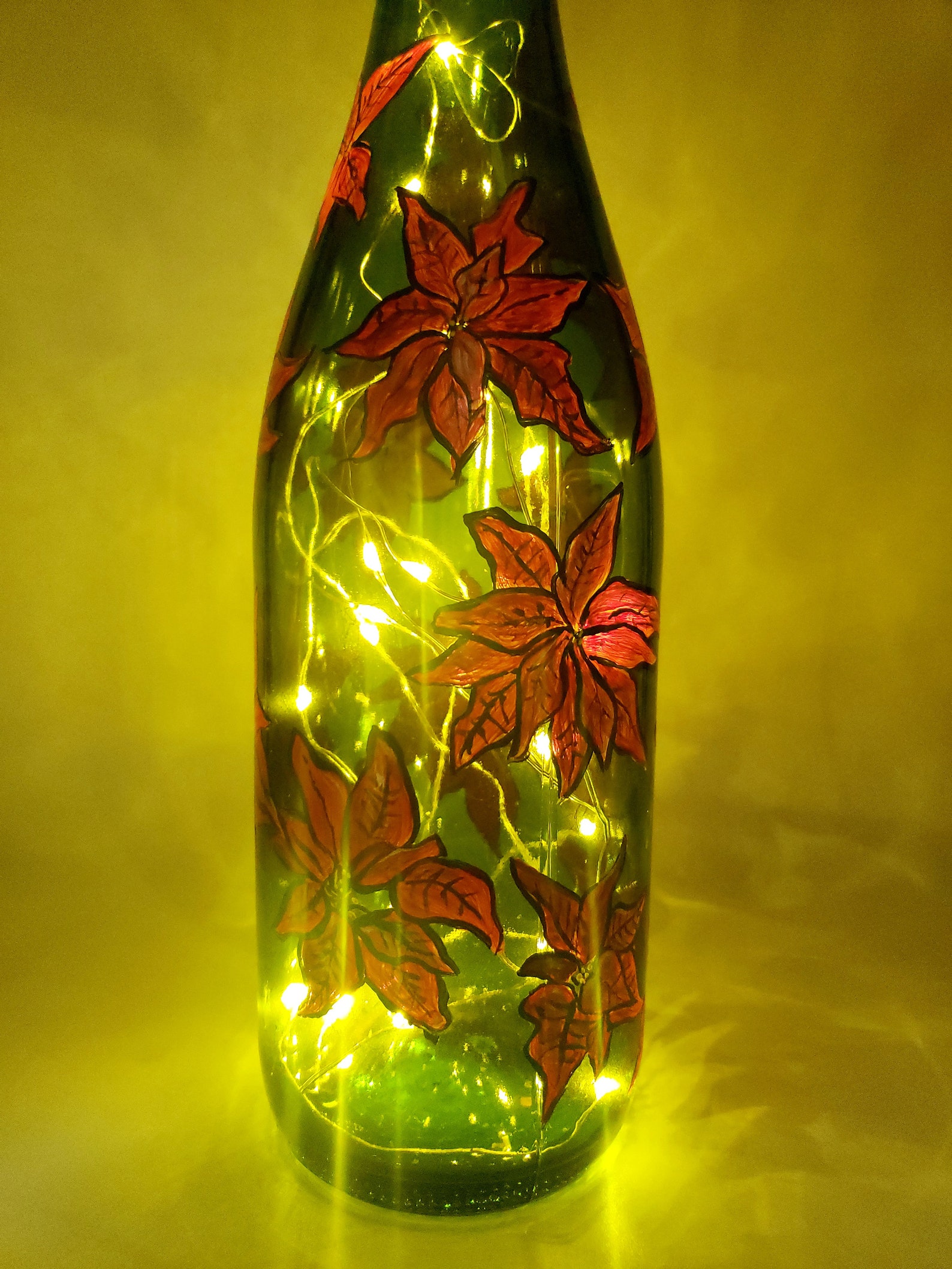 HandPainted Wine Bottle with Corked Fairy Lights Red Poinsettias on