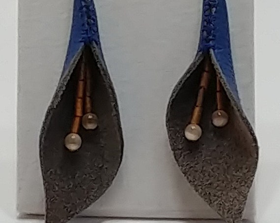 E-1583 Blue Leather Floral Earrings