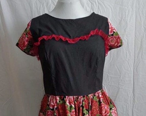 Red and black floral dress