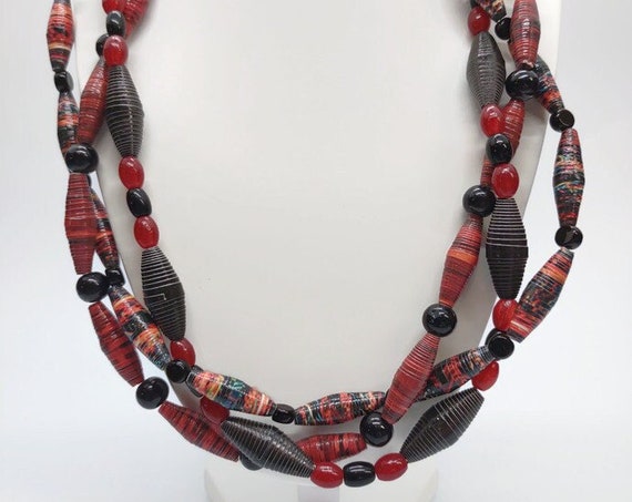 N-1506 Three strand red paper beaded necklace.