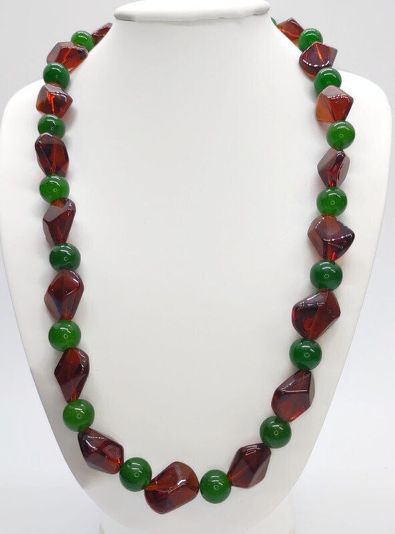 N-1611 Green and Brown Glass Bead Necklace