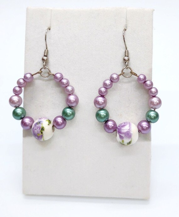 E-1541 Purple and Green Floral Earrings