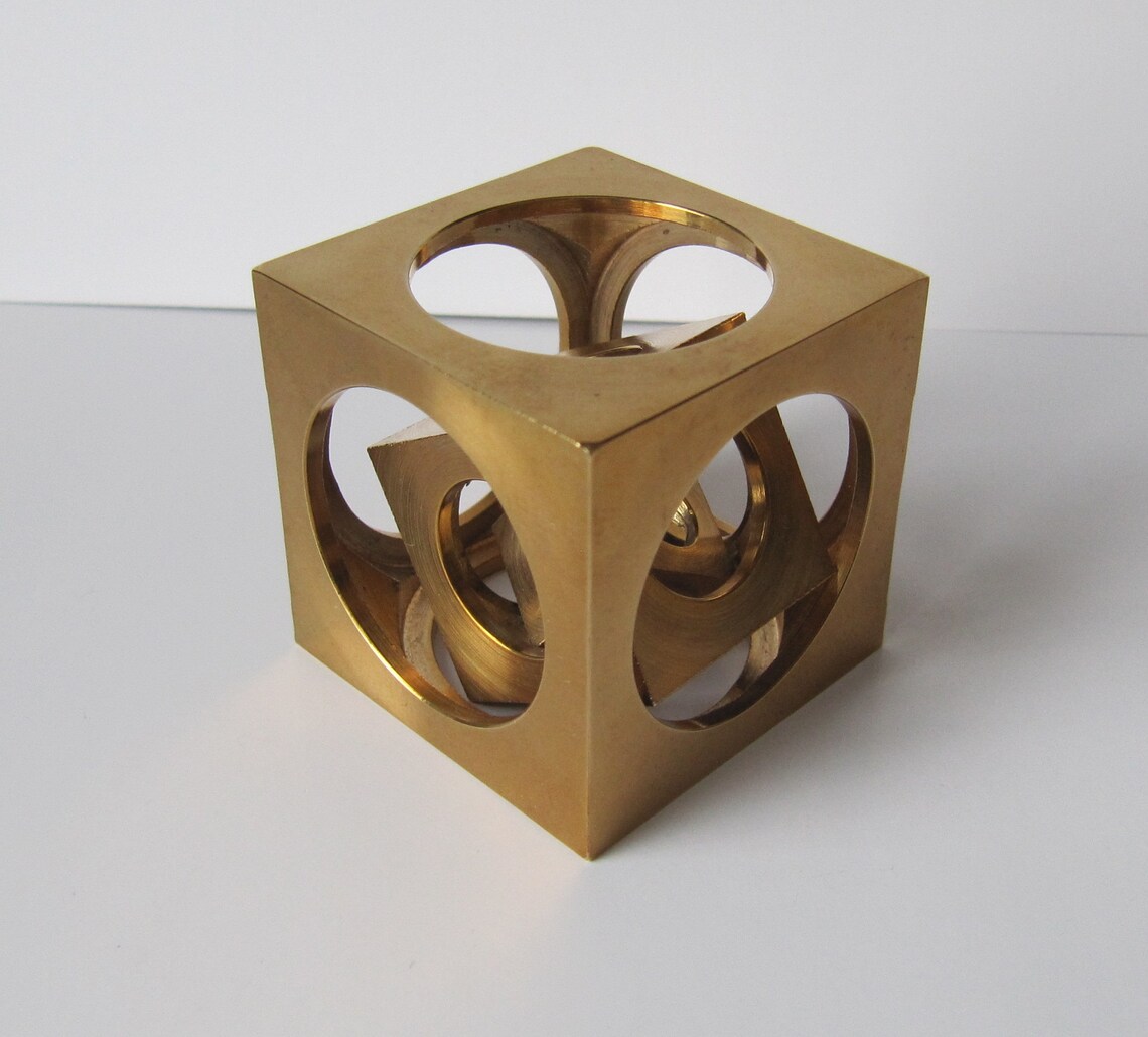 Four Brass cubes with wooden base. Cubes in a cube 35mm. Etsy