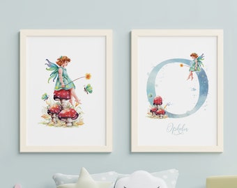 Set of 2 personalised fairy prints for little girls with woodland fairy and toadstool, wth big initial monogram for baby name