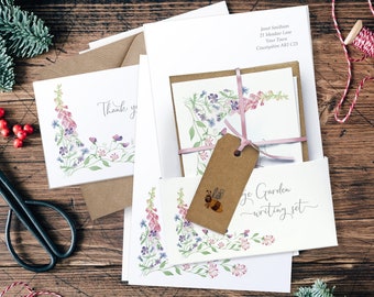 Personalised stationery set with cottage garden flower writing paper, cards and envelopes. Pretty Mother’s Day gift for letter writer