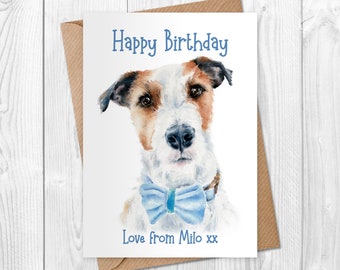 Jack Russell birthday card from the dog, can be personalised, Cute wire haired terrier card for dog dad or mum with white dog