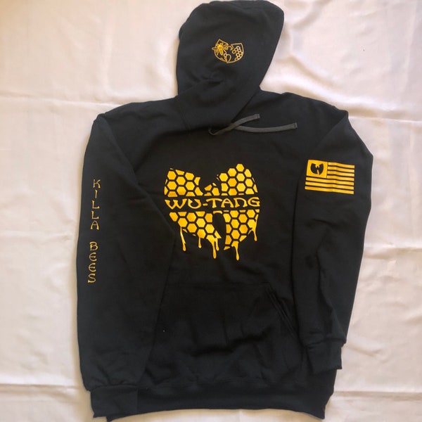 Wu-Tang-Killa-Bienen. Schwarzer Kapuzenpullover mit gelber Grafik. Hip-Hop der 90er