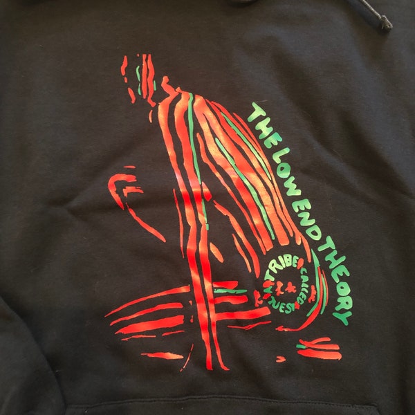 A Tribe Called Quest - Low End Theory. Black hoodie with red and green Low End Theory album graphics. 90s hip-hop