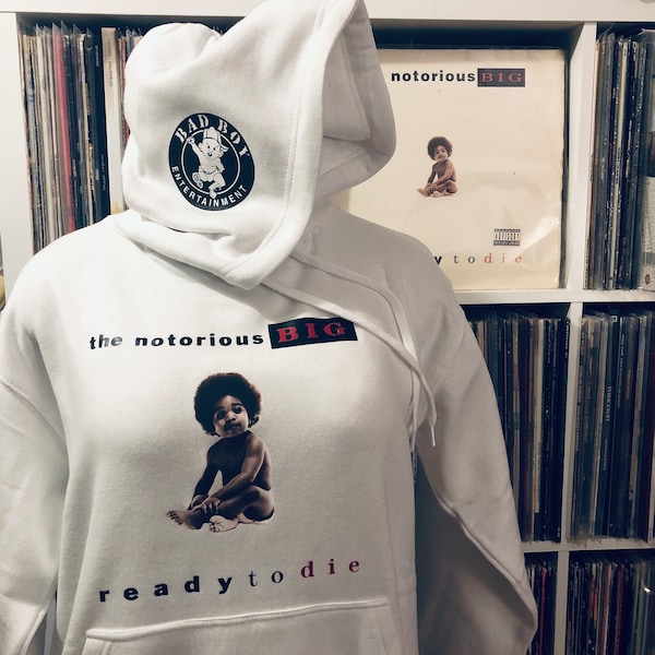 Notorious BIG white hoodie with Ready To Die album graphics. 90s hip-hop.