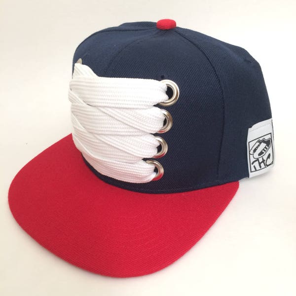 The Solidarity - Twins. Red & Navy Blue customized snapback cap with white fat lace. Old school hip hop, B Boy style. THC