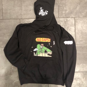 MF DOOM Madvillain All Caps. Black  hoodie with white graphics.  Underground hip-hop. Madlib