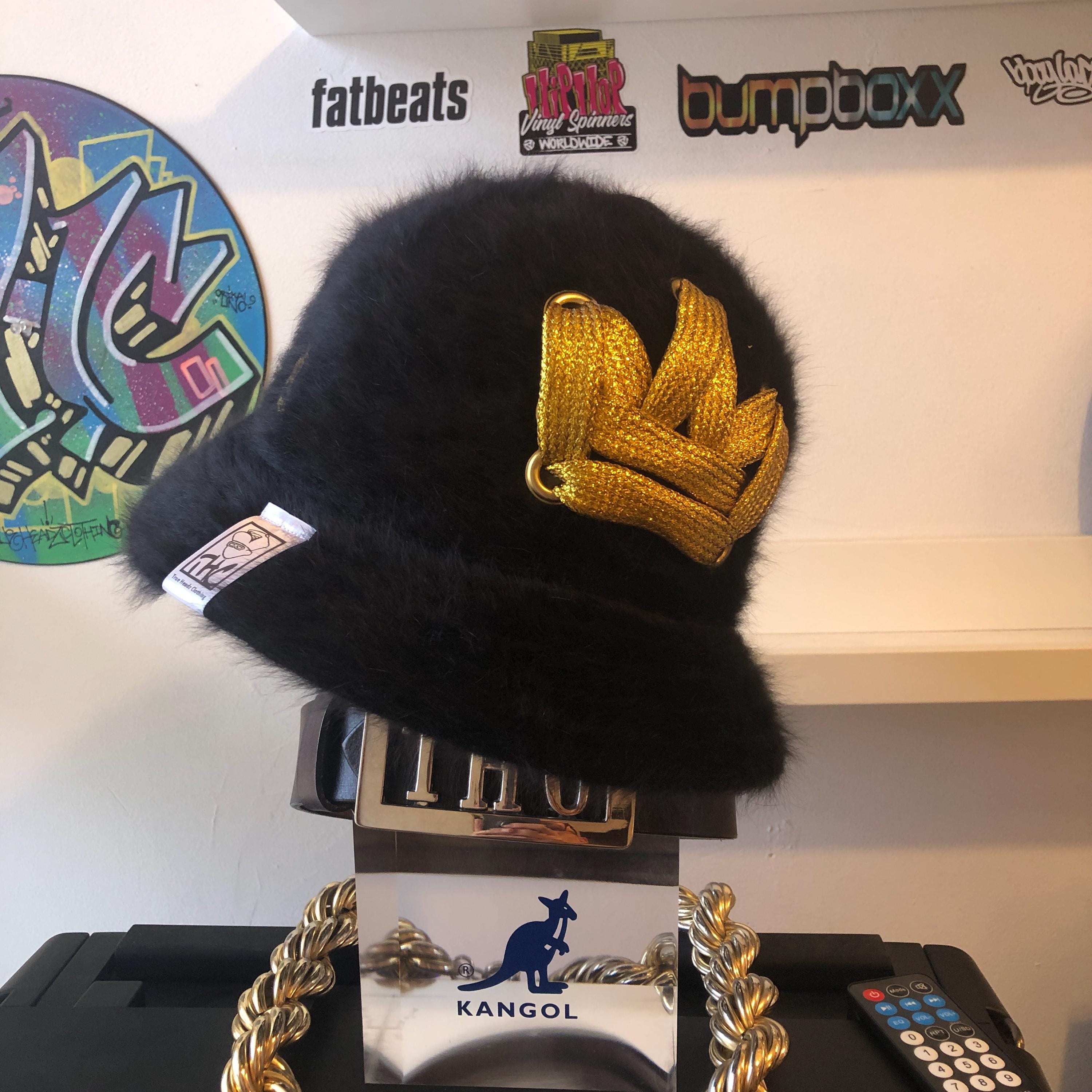 Black Kangol Furgora Casual Bucket Customized With Gold Fat Lace