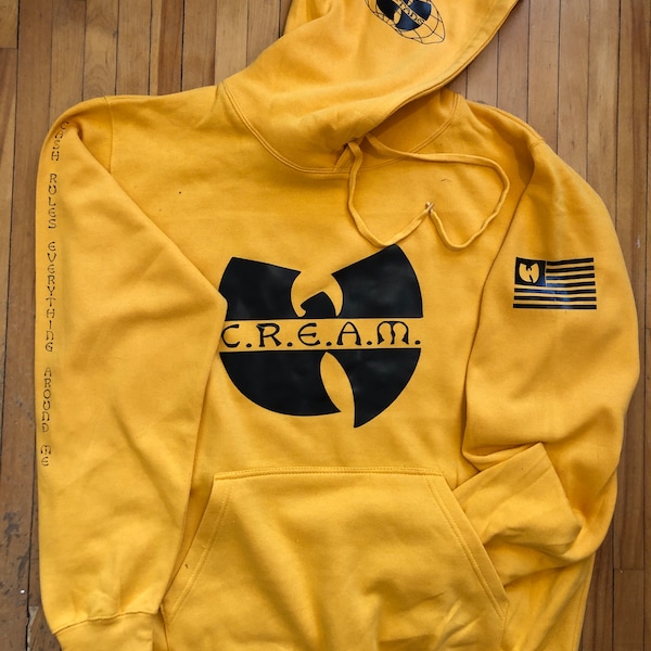Wu-Tang - CREAM. Yellow hoodie with black graphics. 90s hip-hop. 36 Chambers