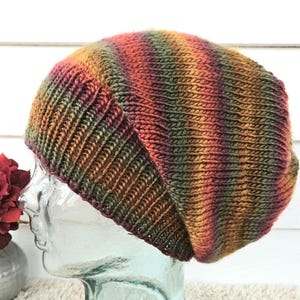 Earth Tones Slouchy Beanie Women&#39;s or Men&#39;s | Dreadlock Beanie | Striped, Colorful Hand Knit Hat | Fall, Winter Accessory | Fold-Over Brim