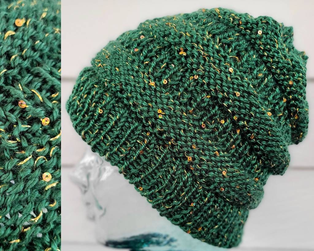 Beanie Hat for Women - Green with Gold Sequin Sparkles, Winter Hats Women, Soft, Stretchy, Comfortable, Pretty, Hand-Knit, Sparkly Hat