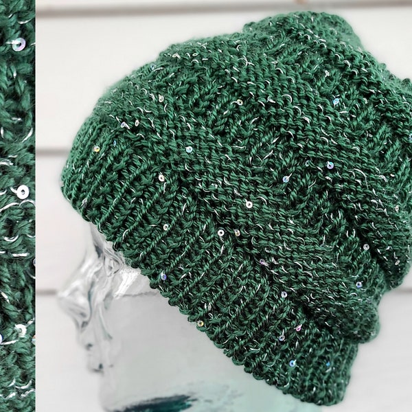 Winter Hat Womens, Green with Silver Sequin Sparkle Thread, Cosplay Hat, Hand Knit, Loose Fit, Soft, Sparkly Beanies for Women, Warm Hat