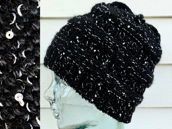 Beanie Hat for Women - Black and Silver Sequin Sparkles