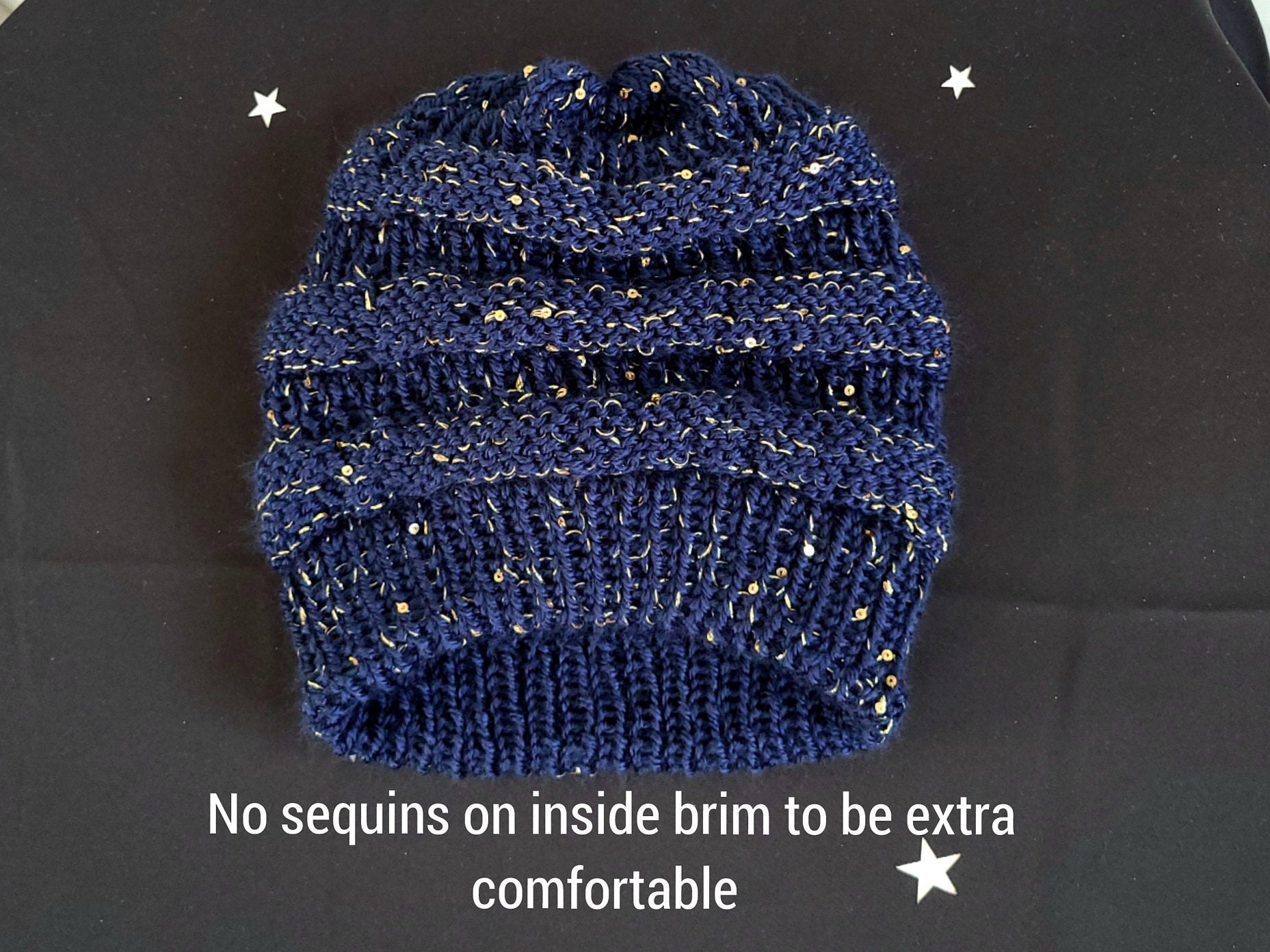 Womens Winter Beanie Hat, Navy With Gold Sparkly Sequins 