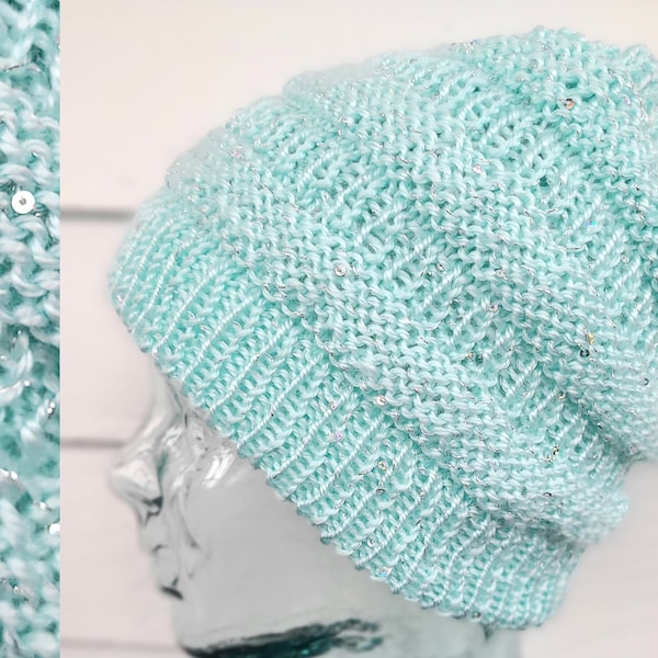 Pale Aqua Blue with Silver Sequin Sparkles Hand Knit Beanie Hat for Women, Winter Wonderland / Winer Frost Inspired, Pretty, Sparkly Hat