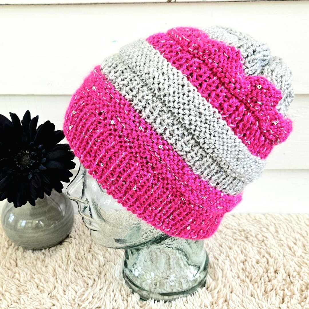 Pink Beanie with Silver Accents Handmade Wine Crochet Beanie with Silver Accent | Foldable  main image 2