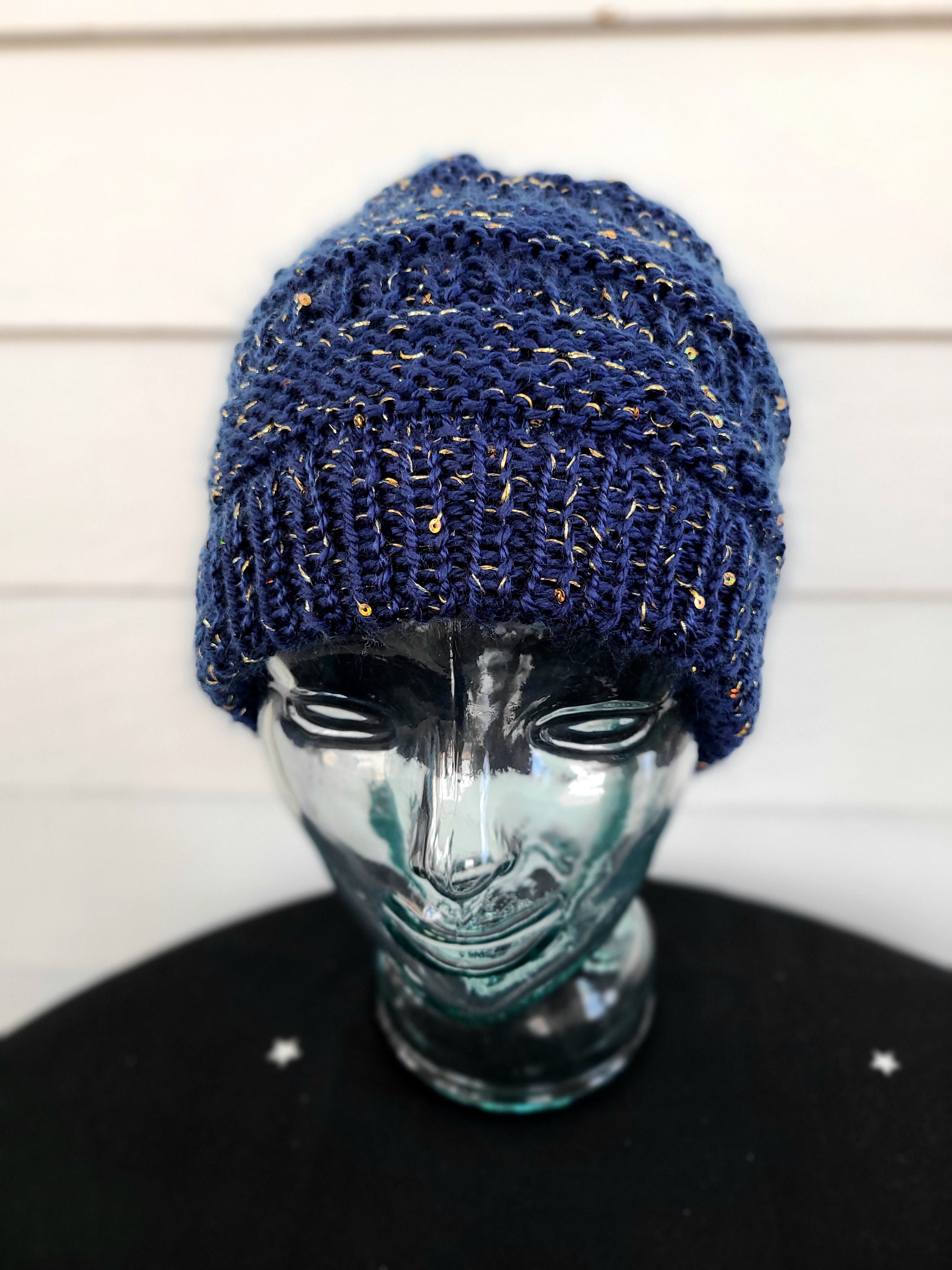 Gold sequin beanie hat with black sequin & navy blue beanie lotx3NFS do not buy Womens Winter Beanie Hat, Navy With Gold Sparkly Sequins  main image 2