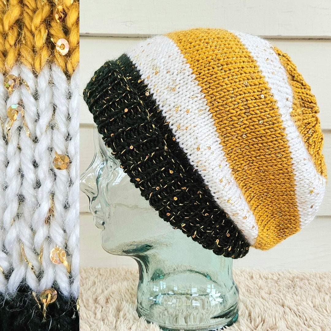 Oversized Hand Knit Slouchy Beanie Hat Black Gold and Etsy