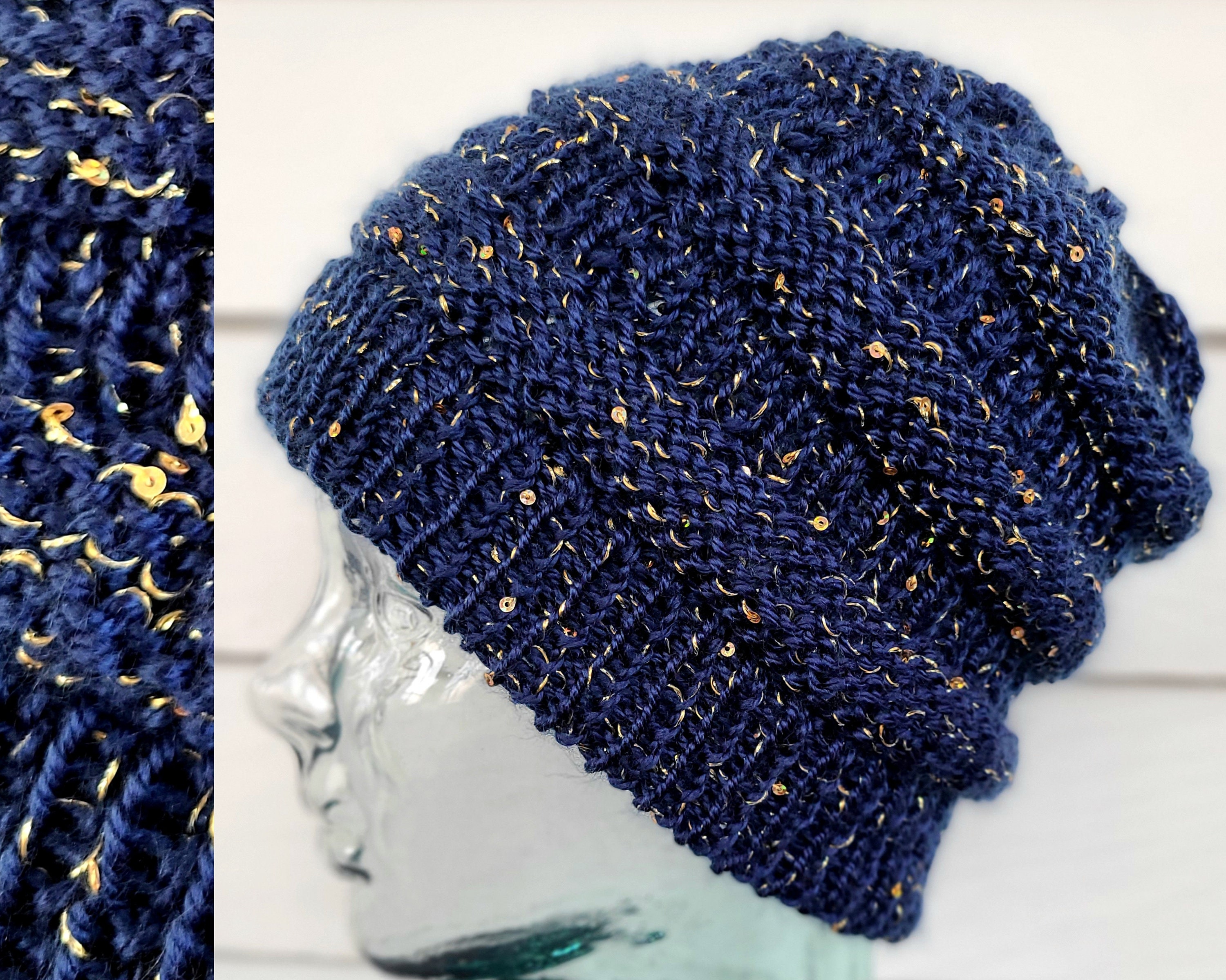 Gold sequin beanie hat with black sequin & navy blue beanie lotx3NFS do not buy Womens Winter Beanie Hat, Navy With Gold Sparkly Sequins  main image 3