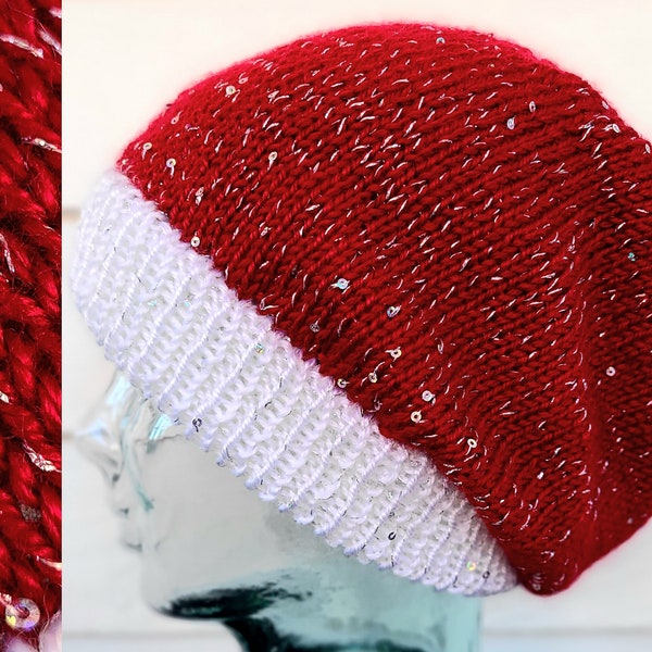 Slouchy Hat, Red and White, Silver Sequin Sparkles, Knit Santa Hat for Women, Winter Hat Women, Slouchy Beanie, Pretty Sparkly Christmas Hat