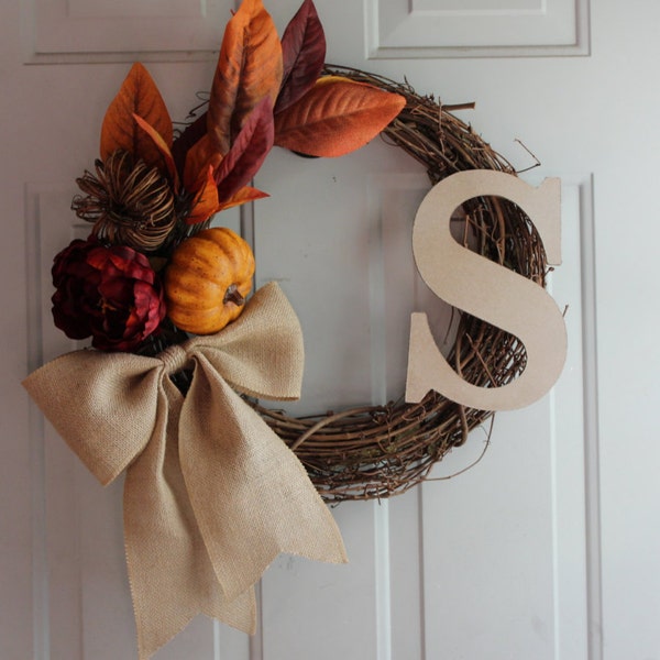 Whimsical Fall Wreath with Mixed Pumpkins, Peony, Large Bow, & Monogram