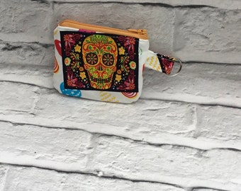 Skulls coin purse, small purse, zipper pouch, change purse, colourful coin pouch, womens purse, card wallet, cotton gift, keychain purse