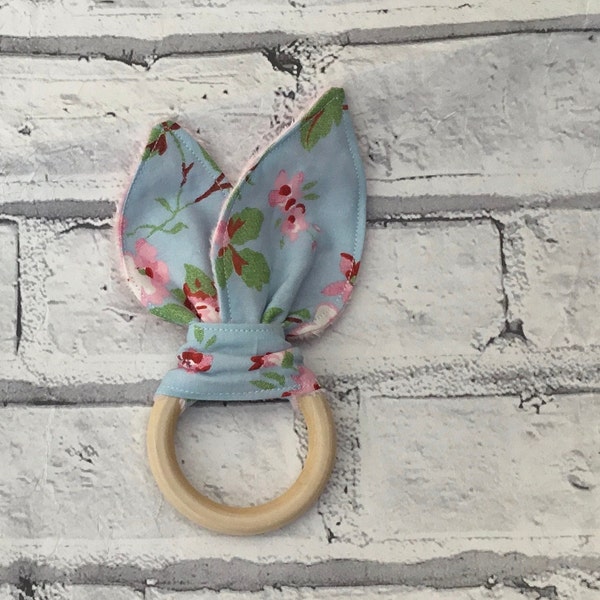 Bunny ears Teether, Teether ring, baby shower, fabric Teether, wooden teething ring,natural wood Teether, gift for new baby, baby Teether