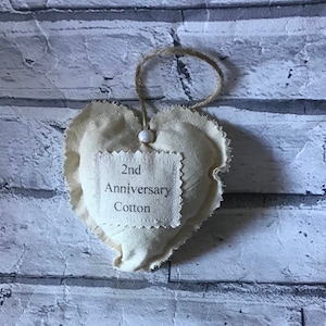 Cotton anniversary gift, 2nd wedding anniversary, hanging heart, personalised heart, keepsake gift, fabric heart, personalised wedding gift