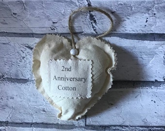 Cotton anniversary gift, 2nd wedding anniversary, hanging heart, personalised heart, keepsake gift, fabric heart, personalised wedding gift