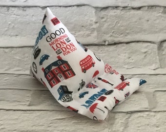 Fabric phone stand, phone beanie, iPhone holder, cellphone stand, phone pillow, mobile phone cushion, London themed, tech gift