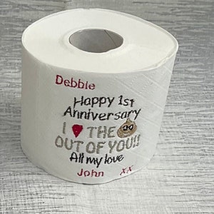 Embroidered toilet roll, personalised gift, anniversary gift, toilet roll, bathroom decor, gift box, 1st anniversary, paper gift, novelty