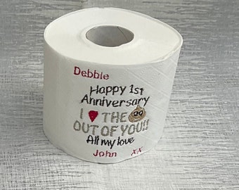 Embroidered toilet roll, personalised gift, anniversary gift, toilet roll, bathroom decor, gift box, 1st anniversary, paper gift, novelty