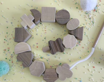 Wooden Lacing Toy Set, Montessori Fine Motor Skills Activity, Handmade Walnut Wood Shape Threading Game, Eco-Friendly Toddler Gift