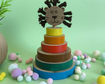 Wooden Lion Stacking Toy, Montessori Rainbow Stacker, Handmade Toddler Gift, Educational Baby Toy, Fine Motor Skills Toy