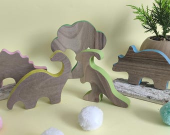 Wooden Dinosaur Play Set, Handmade Dino Figures, Montessori Inspired Toy, Natural Walnut Wood Toddler Gift, Nursery Decor