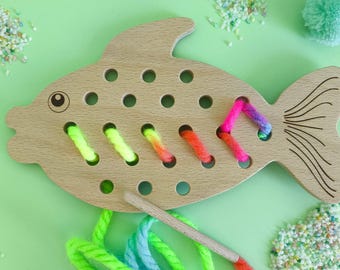 Handmade wooden rainbow fish lacing toy