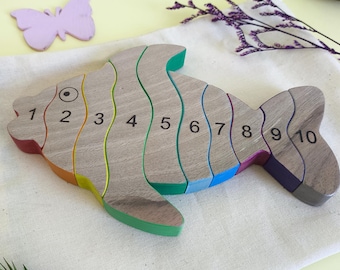 Wooden Rainbow Fish Puzzle, Montessori Learning Toy for Toddlers, Handmade Animal Jigsaw, Educational Fine Motor Skills Toy, Baby Gift