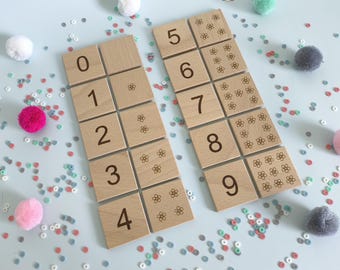 Wooden Number Counting Tiles, Montessori Math Toy with Flowers