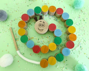 Wooden Sequencing Toy, Montessori Lacing & Counting Toy, Handmade Color Sorting Game, Fine Motor Skills Educational Toy for Toddlers