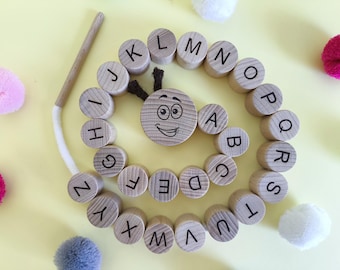 Wooden Alphabet Lacing Toy, Montessori Letter & Sequencing Toy, Handmade Educational ABC Toy for Toddlers, Fine Motor Skills Gift