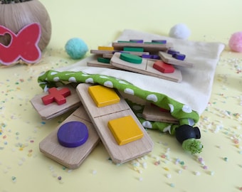 Wooden Dominoes Set for Kids, Montessori Educational Toy with Shapes & Colors, Handmade Toddler Game, Eco-Friendly Sensory Toy