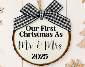 Rustic Wood Slice Mr & Mrs Ornament - First Christmas Keepsake