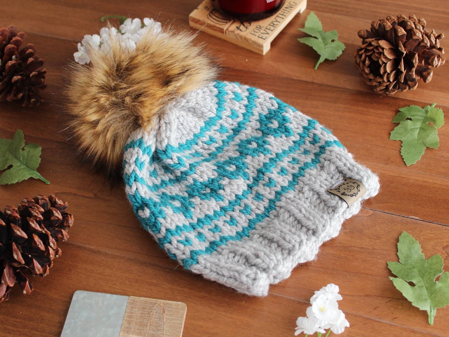 Teal and Gray - Winter Hat - Faux Fur Pom - Etsy display picture 1